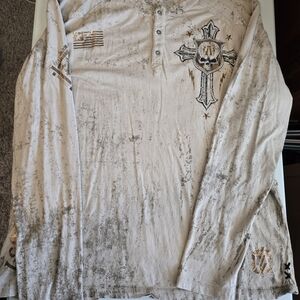 Affliction Beige and Gray Graphic Long Sleeve Shirt
